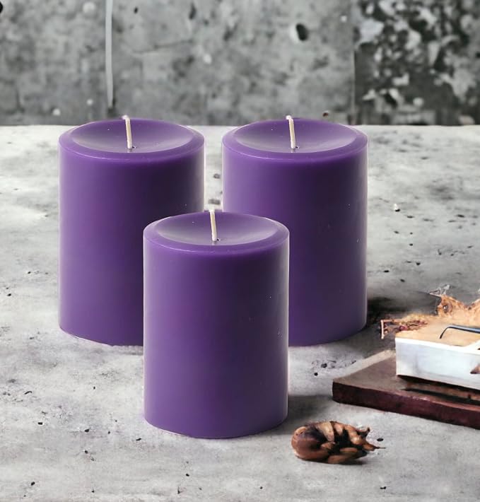 Mister Candle Dripless Unscented Purple Pillar Candles, Set of 3 Hand Poured Solid Color Non-Scented Candles for Home Decor, Premium Wax, 60 Hr Burn Time - 3x4 Inch, Purple