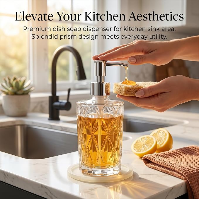 Diamond Design Glass Soap Dispenser with Stainless Steel Pump, Modern Kitchen Soap Dispenser with Luminous Coaster for Countertop Hand Soap, Bathroom Liquid Lotion & Dish Soap 6.8 Oz, Clear