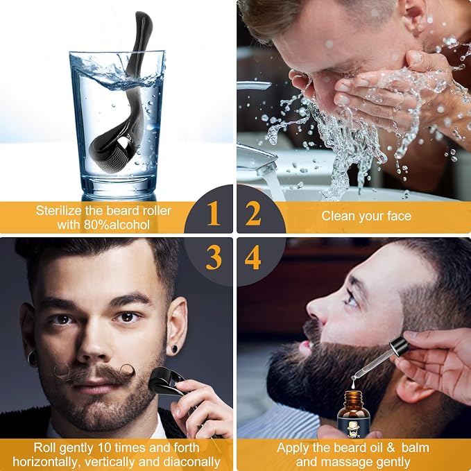 Beard Growth Kit, Beard Growth Oil (2Oz) w/Biotin & Castor Oil, Beard Massager for Patchy/Spot Beard, Beard Kit for Men's Grooming, Dad Day Gifts Fathers Day, Birthday Gifts for Him Boyfriend Husband
