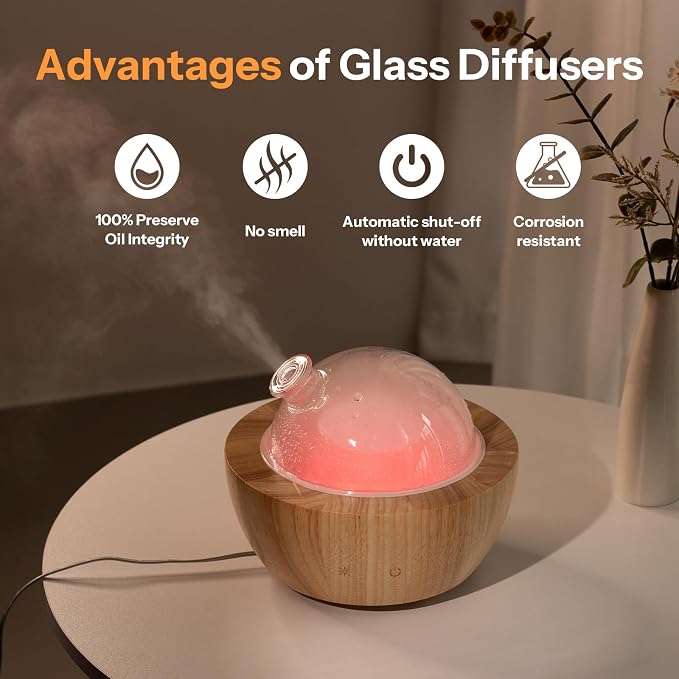 280ml Glass Essential Oil Diffuser with Natural Wood Base, The 2025 Upgrade Aromatherapy Diffusers for Home, Cool Mist Air Aroma Diffuse Humidifier with 7 Color Lights for Office, Bedroom
