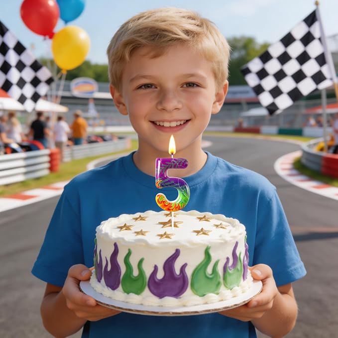 Number 5 Birthday Candle for Cake – Purple Green Flame Design with Lightning & Tire Track Pattern – Off-Road Truck Theme Cake Topper for Birthday Party Decoration