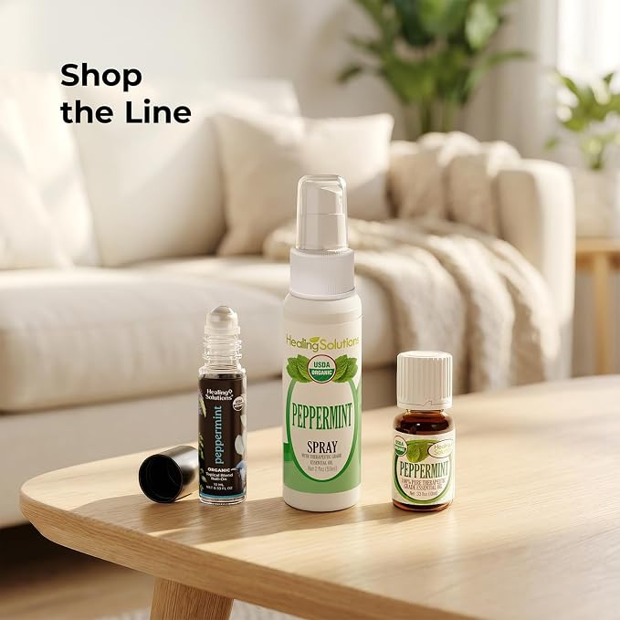 Healing Solutions - Peppermint Essential Oil Spray, (2 oz) USDA Certified Organic Aromatherapy Room & Linen Spray, Pillow & Bedding Mist, Shower Steam, Natural Peppermint Air Freshener