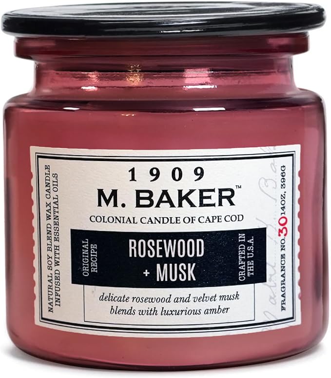 Colonial Candle Rosewood & Musk Scented Candle, 2-Wick Natural Soy Blend Wax Candle Infused with Essential Oils, 14 oz Apothecary Glass Jar Candle - Made in The USA
