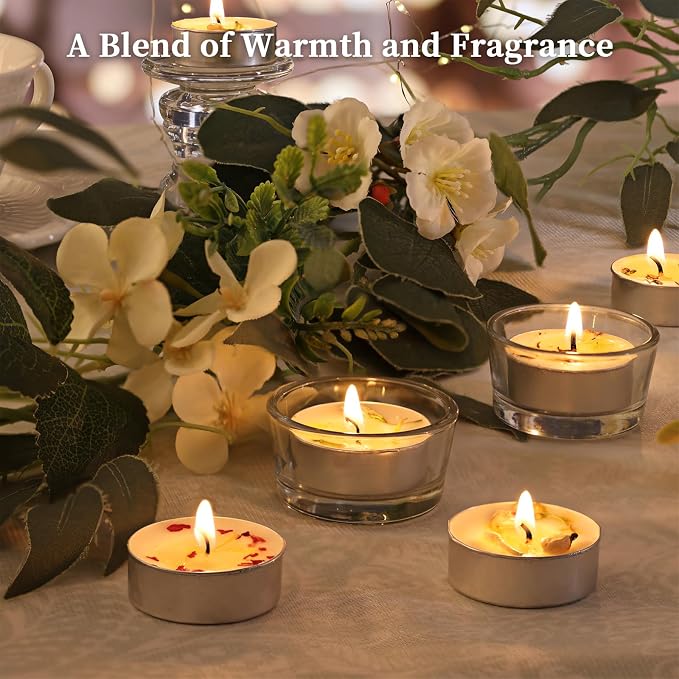 Rose Scented Tealight Candles 64 Pack - 4-Hour Palm Wax White Tea Lights, Plant Dried Flower Tea Lights Candle (Paraffin-Free), Scented Votive Candles for Home/Yoga/Bath/Meditation