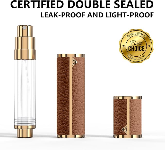 8ML Travel Perfume Refillable Atomizer, Mini Genuine Leather Cologne Sprayer, Protable Pocket Size Empty Fragrance Spray Bottle (Brown)