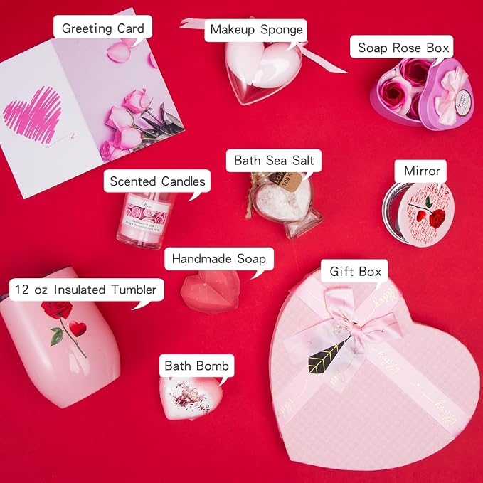 Mothers Day Gifts Box, Pink Rose SPA Gift Basket for Women, Mom Birthday Gifts, Heart-Shaped Relaxing Bath Set with Tumbler, Best Gift for Mom, Wife, Love You Anniversary Present