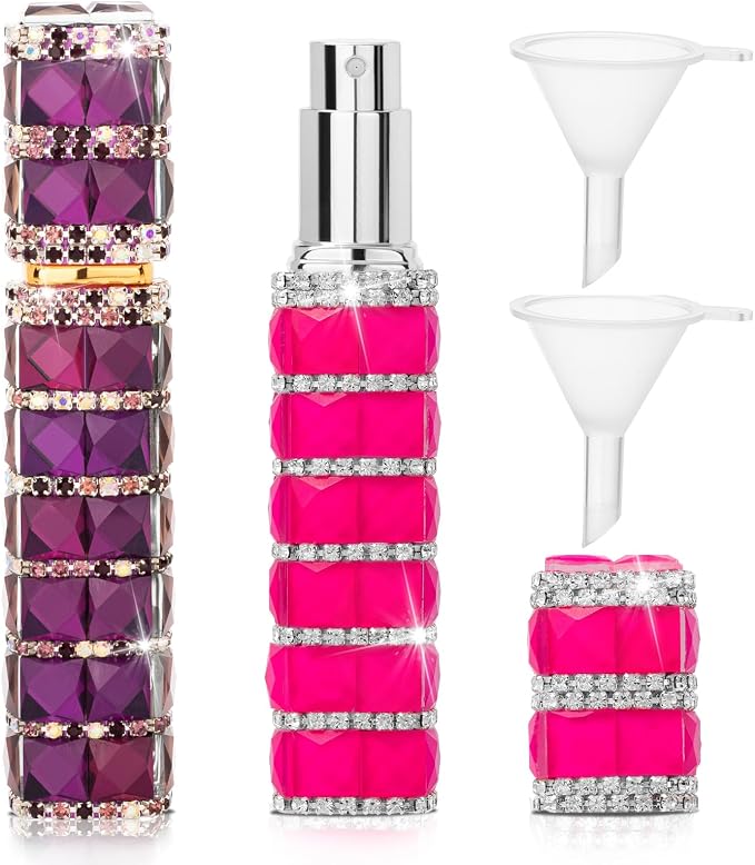 Travel Perfume Atomizer Refillable Bottle, 12ml Rhinestone Mini Perfume Bottles Empty Refillable Travel Atomizer Sprayer with Funnel (2Pcs-HotPin+kPurple)
