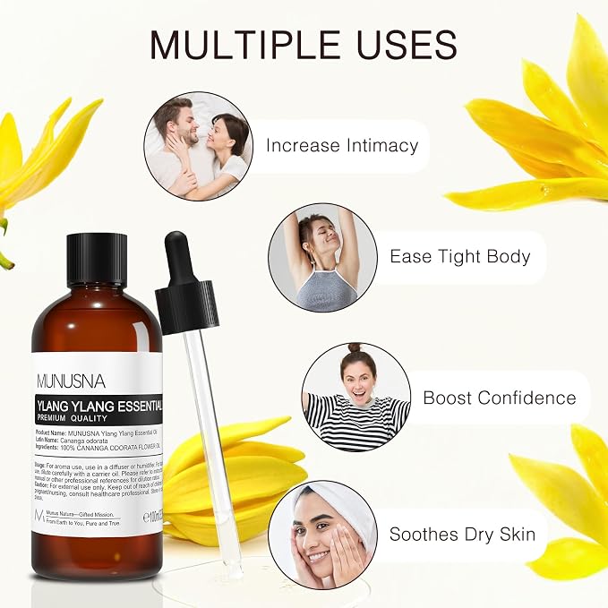 Ylang Ylang Essential Oil 100ML, 100% Pure and Natural Ylang Ylang Oils Aromatherapy Oil for Diffuser, Skin Hair Care, Massage, Yoga, Home, Soap and Candle Making