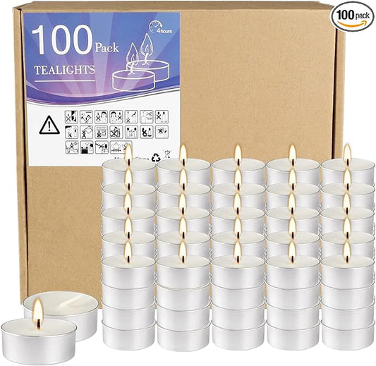 100 Pack Unscented Tealight Candles, 4 Hour Burn Time, Smokeless & Dripless White Tea Lights in Aluminum Cups, Standard Size Votive Candles for Wedding, Christmas, Halloween, Party, Décor & Emerge