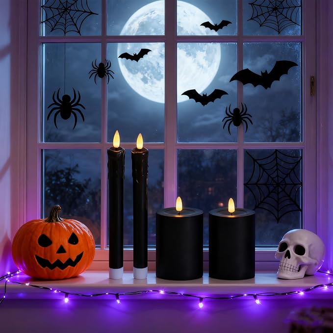 Lezonic Halloween Black Flameless Candles with Remote, Battery Operated Real Wax with Dripping Effect, Flickering LED Candles for Fireplace, Shelf, Centerpiece, Set of 4 (9.5" Taper & 5" Pillar