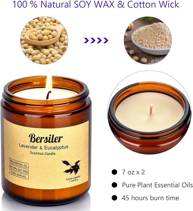 Aromatherapy Candles, 2 Pack Lavender Eucalyptus Scented Candles Stress Relief and Relax for Home & Bedroom Gift for Women Birthday Christmas, Soy Wax Candles