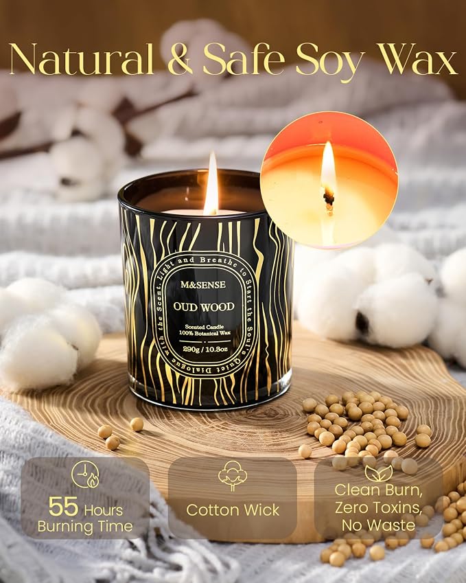M&SENSE Oud Wood Soy Candle, 55H Long Burning Gift | Clean Soy Wax Slow Burn, Date Night Luxe Feel, Relax Calm Home Fragrance, Reusable Golden Stamped Keepsake Jar