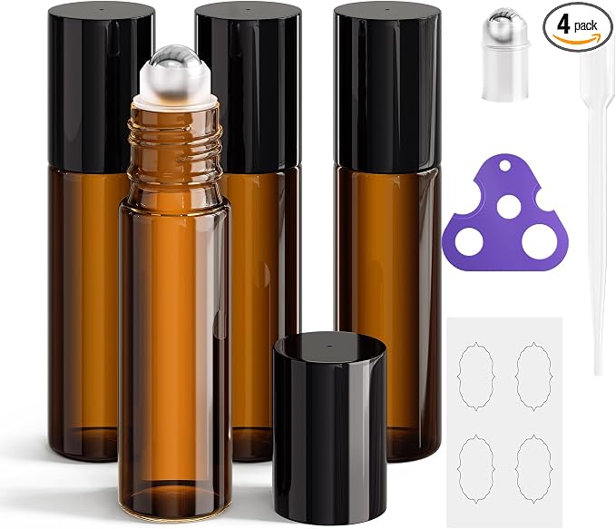 ULG Essential Oil Roller Bottles 4 Pack 10ml Amber Glass Empty Bottles with Stainless Steel Roller Balls