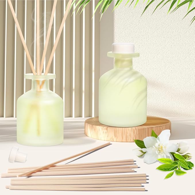 Reed Diffuser - Jasmine Green Tea 3.38oz (100ml) 2 Packs Essential Oil Reed Diffuser Set with 16 Sticks, Long Lasting Fragrance for Home, Bathroom, Bedroom, Room, Decor