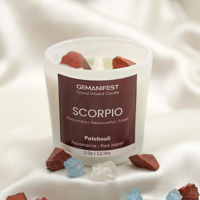 Scorpio Zodiac Candle Scorpio Birthday Gifts for Men Women Patchouli Crystal Candle with Healing Crystals and Manifestation Bracelet Soy Candles for Home Scented