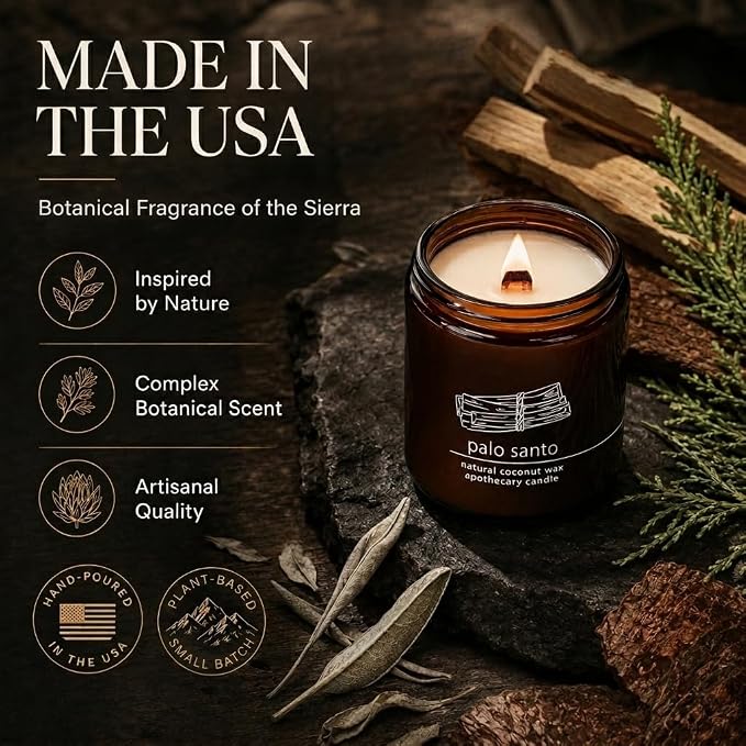 Hemlock Park Palo Santo Apothecary Scented Candle | Crackling Wood Wick, Botanical Fragrance & Coconut Apricot Wax | Up to 60 Hour Burn Time | 8 oz | Made in USA