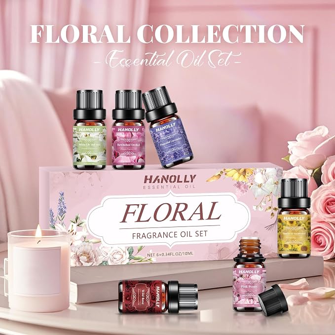 Floral Essential Oils Set - 6 Premium Fragrance Oil for Diffusers, Candle Making, Humidifier - Pink Peony, Wild Rose, Lavender, Sunflower Sandalwood, Bewitched Orchid, White Lily Aromatherapy Oil