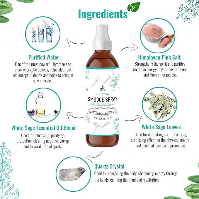 SOUL STICKS White Sage & Eucalyptus Smudge Spray – 3.5oz Smokeless Energy Mist with Quartz Crystals – Essential Oil Spray for Focus, Clarity, Aura Cleansing, Meditation, and Home Refreshing