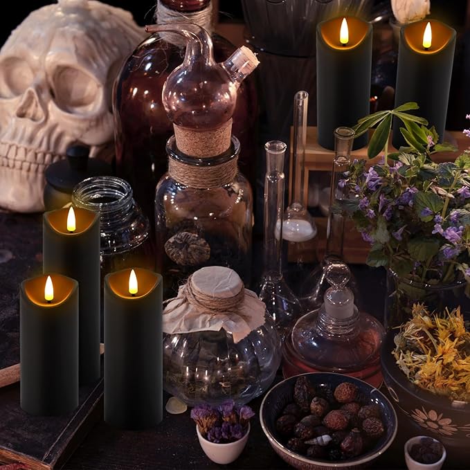 YOROXRG 12 Pack Halloween Decoration Flickering Flameless Candles, Battery Operated LED Pillar Candles with Remote Control and Timer.for Home Decor (D2.2 xH 5" 6" 7" Black)