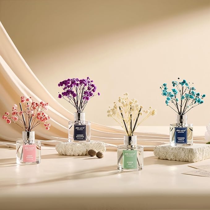 Airkeep Reed Diffuser Set,1.69 fl oz (50 ml) - Cherry Blossom Oil Diffusers with 8 Reed Sticks,Home Fragrance Reed Diffuser for Bathroom Shelf Decor
