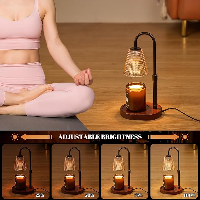Premium Candle Warmer Lamp with Timer Dimmer-Height Adjustable Wax Melter Suitable for Any Jar Candle, Flameless Heater with Wood Base & Amber Glass,New Home Gifts for Women Mom Daughter Friend
