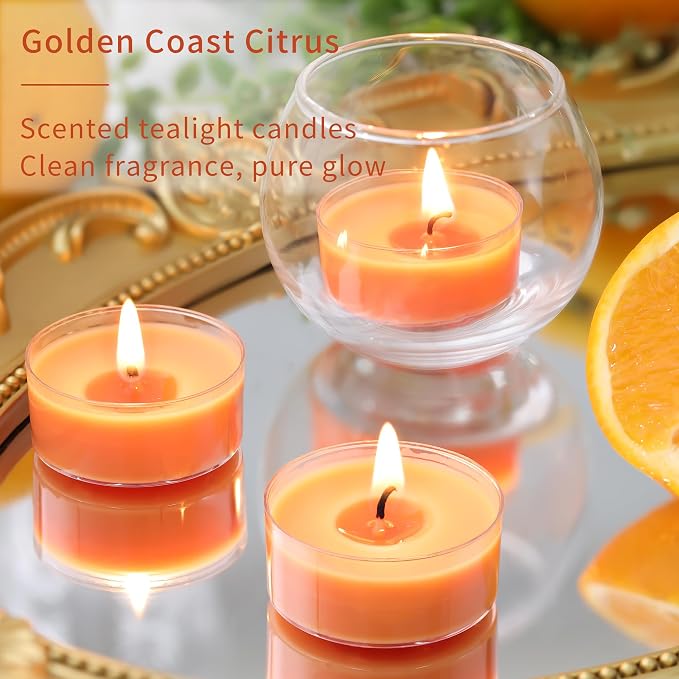 DEVI Golden Coast Citrus Highly Scented Tea Lights Candles 12 Pack, 3.5-4 Hours Natural Palm Tea Lights for Home Scented, Scented Small Votives with Essential Oils for Aromatherapy, Fall Decorations