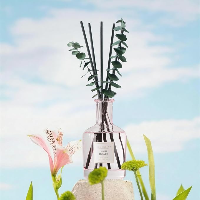 COCORRÍNA White Flower Reed Diffuser – 6.76 oz Essential Oil with 8 Reeds & Real Eucalyptus Sticks, Home Fragrance for Bedroom or Bathroom Décor