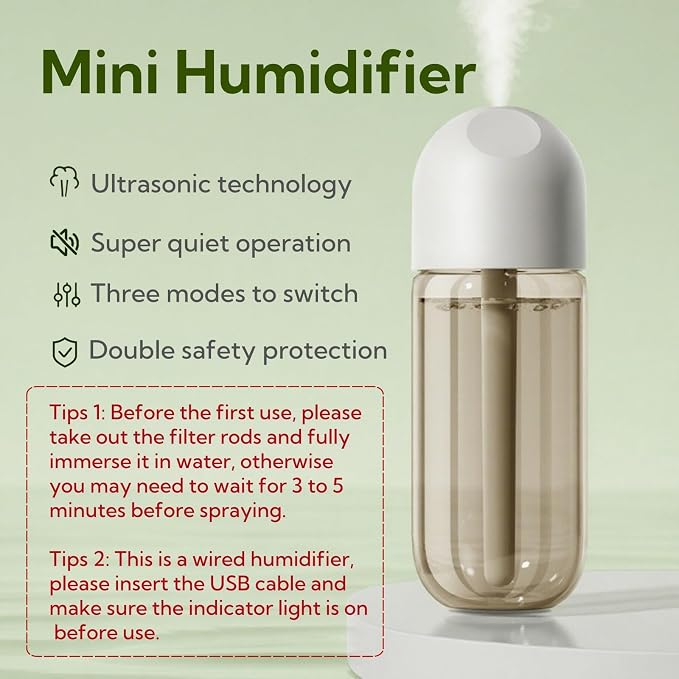 Portable Small Humidifier Dual Nozzle - Large Cool Mist Humidifiers Double Spray Ports, Water Shortage Protection, Ultra-Quiet, Mini Humidifier for Bedroom Plants Office Car Travel (P05)