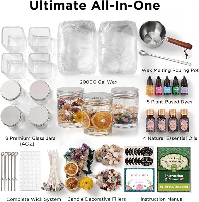 LumaCraft Clear Gel Wax Candle Making Kit – 4.4LB Transparent Jelly Wax with Boutique Fragrance Oils, Dyes, Glass Jars, Wicks & Decor Supplies, Luxury Complete DIY Starter Kit for Beginners & Adults