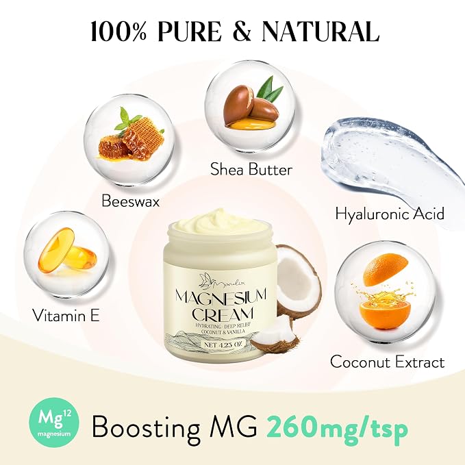 Magnesium Cream for Sleep - Topical Magnesium for Women, Muscle Relaxation, Calm, Moisturizing with Coconut Oil, Shea Butter & Hyaluronic Acid, 4.23 OZ, Safe for Kids (4.23 Ounce, Coconut)