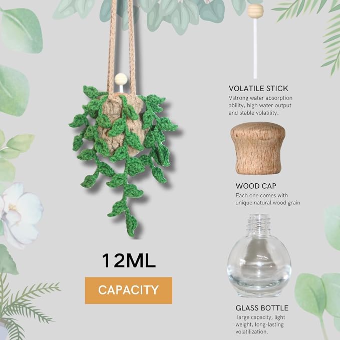 ROFIGL Handmade Crochet Hanging Car Air Freshener,12ml Empty Refillable Oil Diffuser Bottle with Crochet Hanging succulents Plant for Car Rearview Mirror for Home, and Office Hanging Diffuser Decor