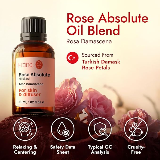H'ana Rose Oil - 1.02 Fl Oz Rose Essential Oil for Hair, Skin, Diffuser, Aromatherapy & DIY