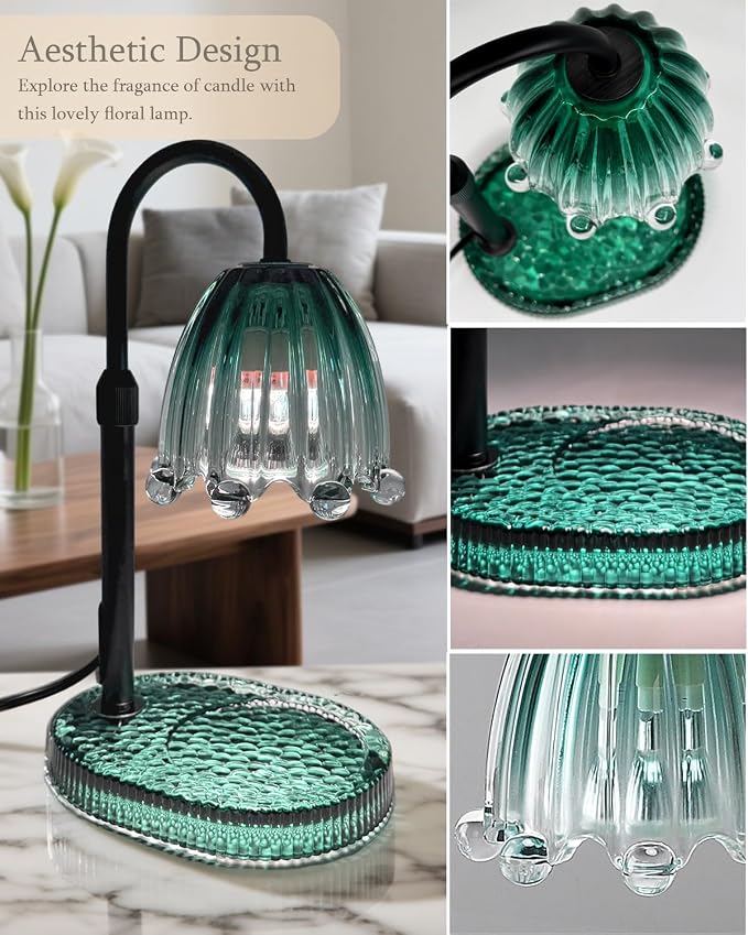 Flower Candle Warmer Lamp with Timer & Dimmer, Mothers Day Gifts for Mom Women, Adjustable Height Floral Candle Warmer for Jar Candles, Girly Wax Melter, New Home Office Decor (Green-Flower)