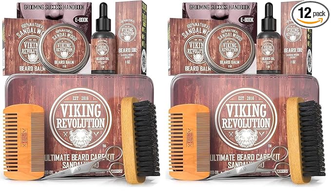 Viking Revolution Ultimate Grooming Kit for Men - Boar Brush, Wood Comb, Sandalwood Balm & Oil, Scissors for Beard & Mustache (Pack of 2)