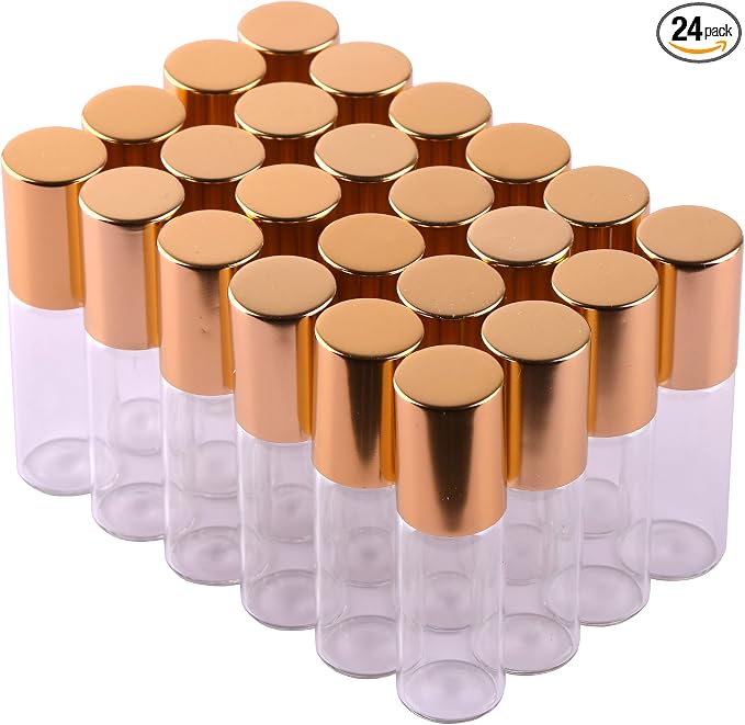 MaxMau Roller Bottles for Essential Oils, 24pcs 5ml Roll on Bottle Clear Glass Sample Test Refillable with Opener Funnel Dropper Golden Cap For Home Travel