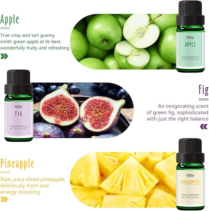 Fruit Essential Oils, MitFlor Premium Fragrance Oil for Candle Soap Making, 6x10ml, Summer Refreshing Diffuser Oil Scents, Guava, Strawberry, Passion Fruit, Apple, Fig, Pineapple