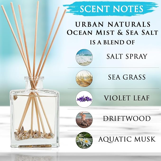 Urban Naturals Ocean Mist & Sea Salt Reed Diffuser Set – Made with Essential Oils & Real Botanicals – Sleek Rectangular Refillable Glass Bottle – Made in the USA
