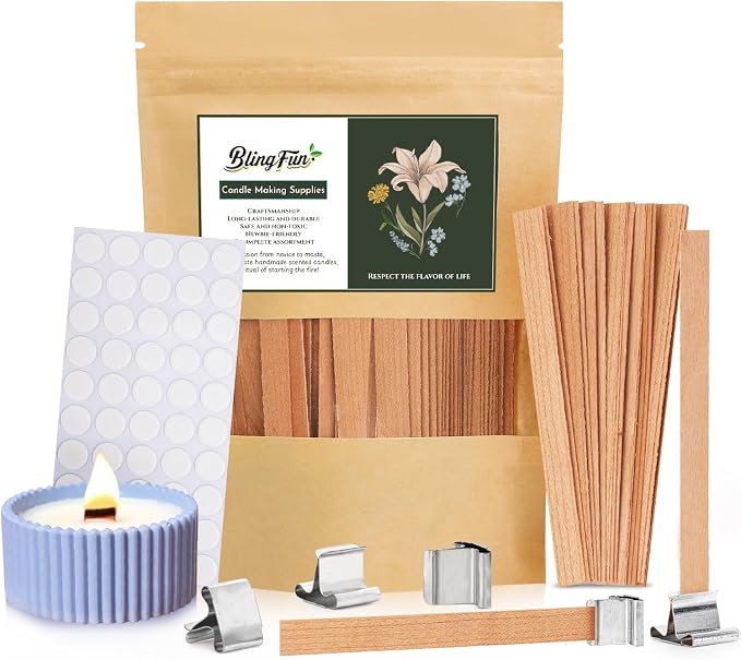 300pcs Wood Wicks for Candles Making,100pcs Wooden Candle Wicks and Base, Wick Stickers,for Soy Wax, Beeswax, Coconut Wax - DIY Candle Making Supplies for Beginners & Professionals