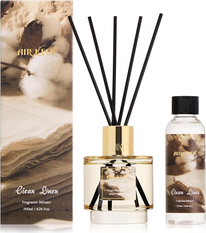 Airkeep Reed Diffuser Set with Refill & 8 Reed Sticks, 6.96 fl oz Clean Linen Home Fragrance, Long Lasting Aromatherapy Diffuser for Bedroom, Bathroom & Living Room