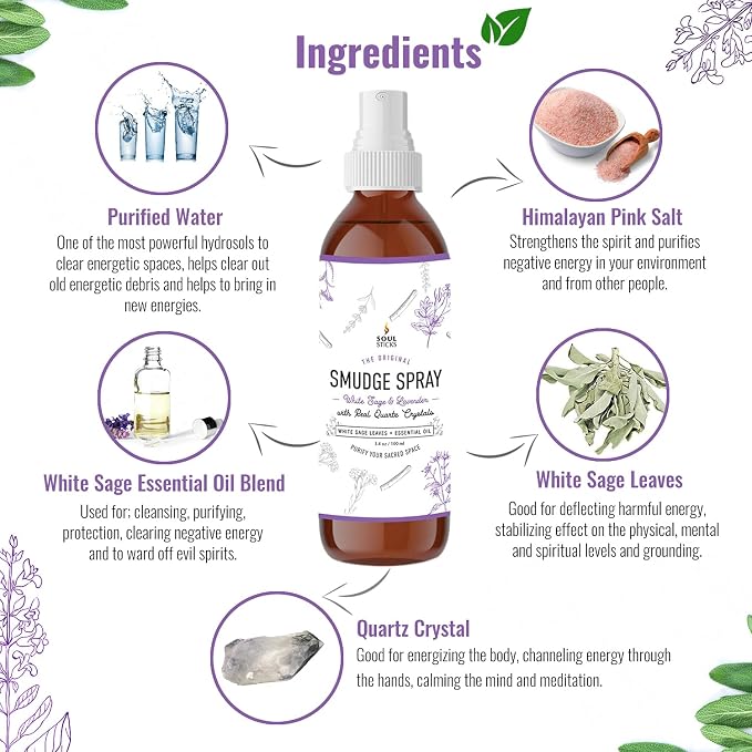 SOUL STICKS White Sage & Lavender Smudge Spray – 3.5oz Smokeless Mist with Quartz Crystals – Calming Essential Oil Spray for Sleep, Stress Relief, Meditation, and Energy Cleansing