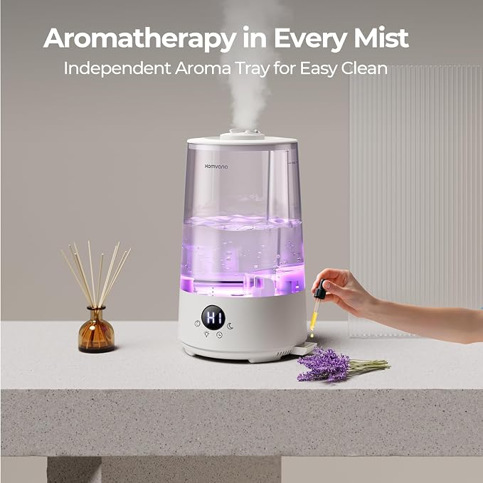 Homvana 3.6L Top-Fill Cool Mist Humidifier for Bedroom, Large Room & Plants, Easy-to-Clean 2-in-1 Baby Humidifier & Diffuser for Congestion Relief, 23dB Ultra-Quiet, Lasts Up to 4 Nights, Transparent