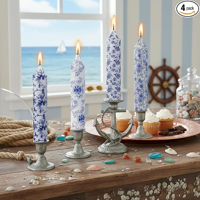 Blue and White Taper Candles 7 Inch Short Chinoiserie Candle Handmade Unscented Smokeless Tapered Candles for Meditation Sailing Living Room Mantel Cozy Hygge Ambiance Everyday Home Decor