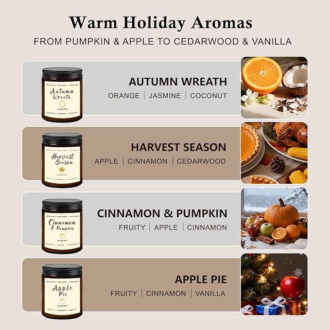 Candles for Home Scented – Cinnamon Pumpkin, Apple Vanilla, Orange Jasmine Coconut, Cedarwood Spice – Long Lasting Soy Candles Set for Home, Birthday & Valentine's Day Gifts for Women