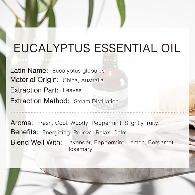 Eucalyptus Essential Oil, Premium Grade Pure Eucalyptus Oils 100ML, 100% Natural Aromatherapy Essential Oil for Shower, Skin, Diffuser, Massage, Candle, Soap, Bath Bombs Making