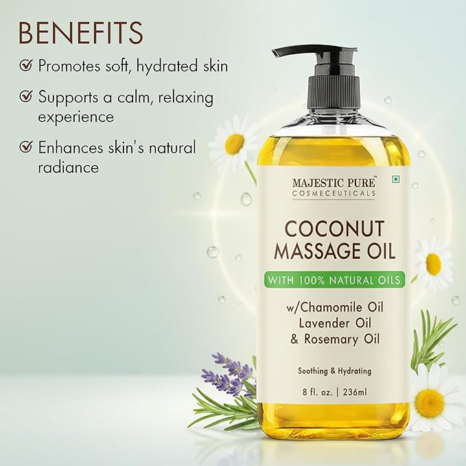 MAJESTIC PURE Coconut Massage Oil for Massage Therapy - Refreshing, and Relaxing - Natural Oils - for All Skin Types - Men and Women - 8 fl oz