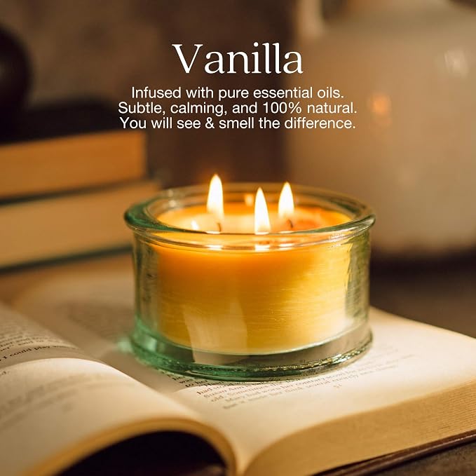 Bluecorn Botanica Beeswax 3-Wick Candle – Vanilla, 100% Pure Beeswax & Essential Oils – 10oz Hand-Blown Recycled Spanish Glass – Non Toxic, Clean Burning, Refillable Glass Jar
