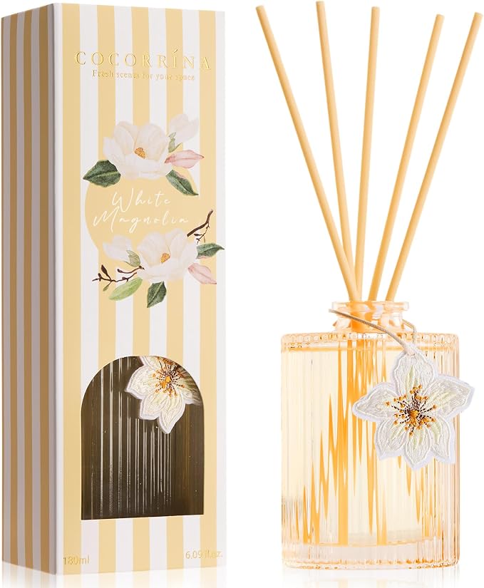 COCORRÍNA Reed Diffuser, White Magnolia Scent Oil Diffuser, 6.09 fl oz, 8 Reeds, Long-Lasting Home Fragrance, Bathroom Bedroom Shelf Decor & Gifts