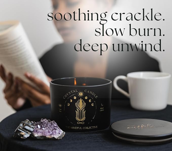 Large Candles for Women - 12oz Soy Wood Wick Candles that Crackle with Crystals and Healing Stones. Non-Toxic Scented, Luxury Aromatherapy (Crystal Black Candle)