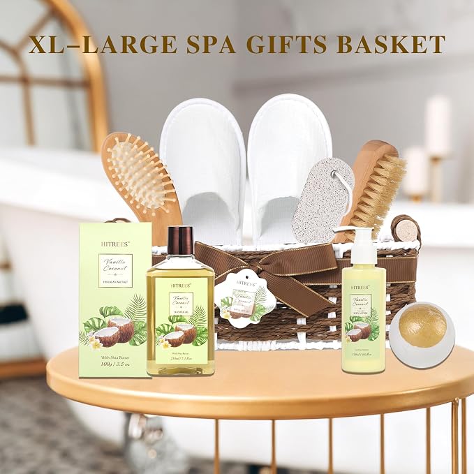 20Pcs Coconut Vanilla Spa Gift Basket for Women & Men, Face Skin Care Set, Bath & Body Set, Self Care Pamper Kit, Comb, Bath Bomb, Birthday, Christmas, Valentines, Mother Day, Anniversary