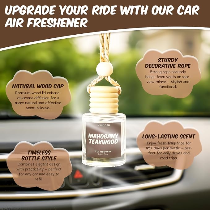 Premium Car Air Freshener Diffuser Set (2 Pack) - Mahogany Teakwood Fragrance Oil, 45+ Day Long-Lasting Hanging Auto Freshener